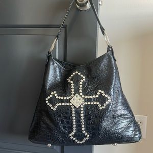 Raviani Rhinestone Cross Black Crocodile Handbag